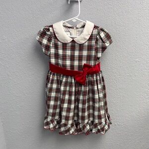 Bonnie Jean Girls 3T Red Bow Sash Plaid Gathered Ruffled Zip Back Dress, EUC